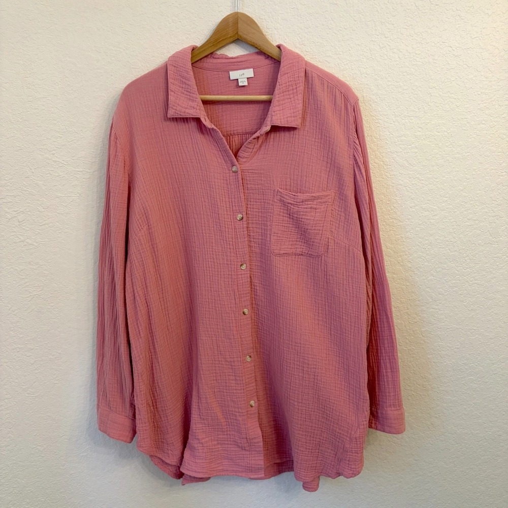 J Jill Button Down Shirt 2X Tunic Cotton Gauze Long Sleeve Relaxed Fit Rose Pink